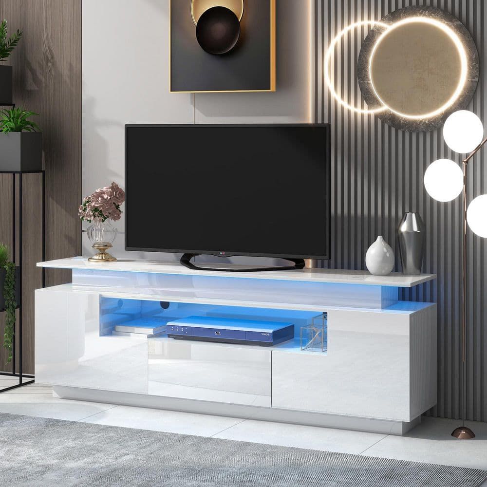 Setting the Scene A 67″ White TV Stand for TVs Up to 75″ with Musical LED Flair
