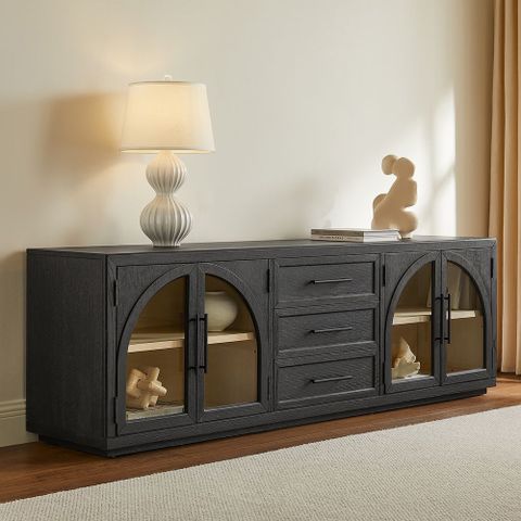 Hernest | 80 Inch Black Oak Tv Stand With Arch Design Glass Door ... intended for