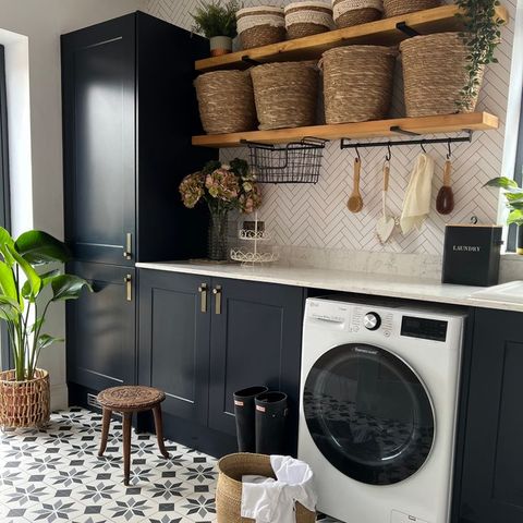 Howdens Chelford Navy Utility Room | White Laundry Rooms, Laundry Room ... for Unlocking the Potential of Your Laundry Room White Wood and Brass Edition