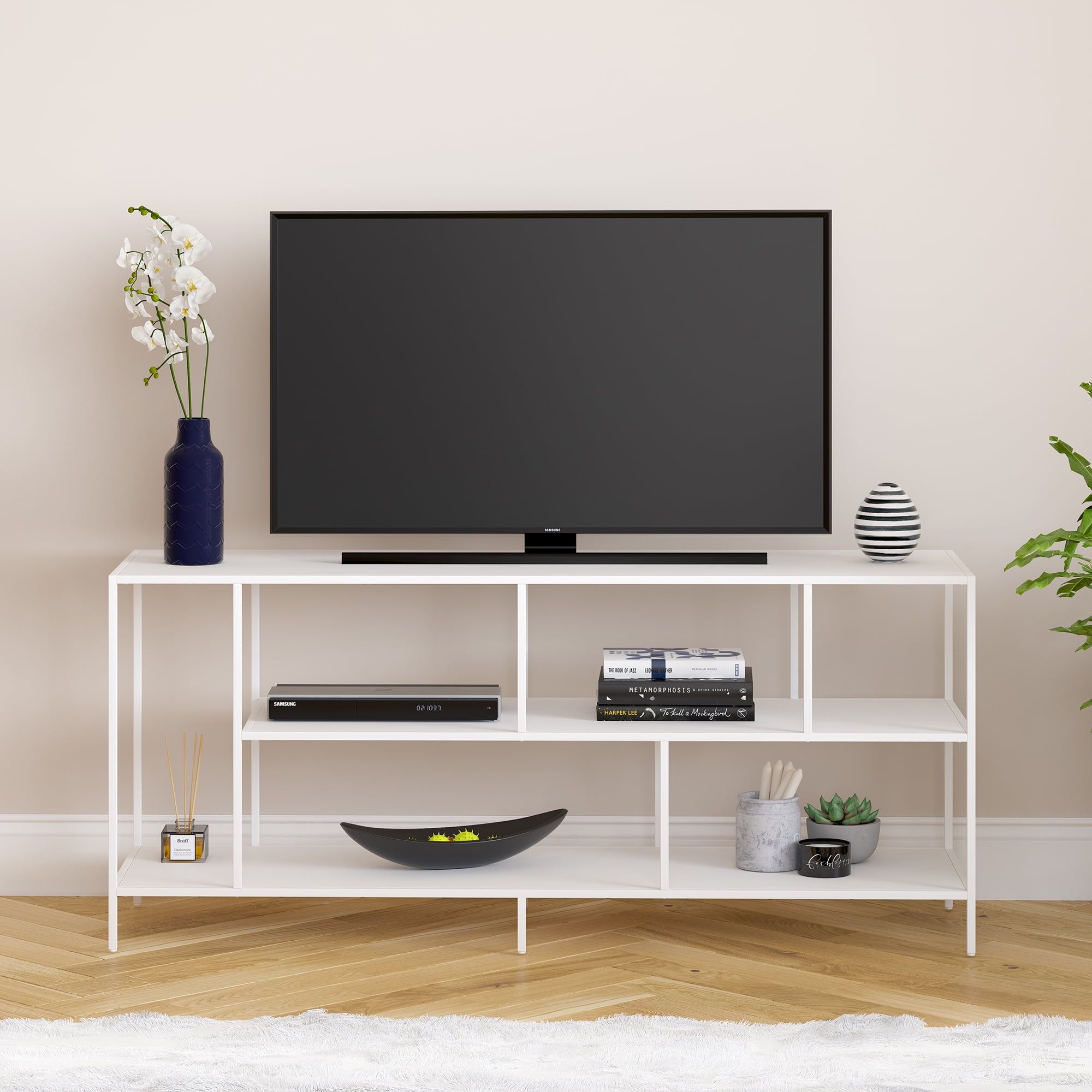 Metal Tv Stand For Tvs Up To 55&quot;, Media Console Table With Open Shelf ... regarding Setting the Scene A 67&quot; White TV Stand for TVs Up to 75&quot; with Musical LED Flair