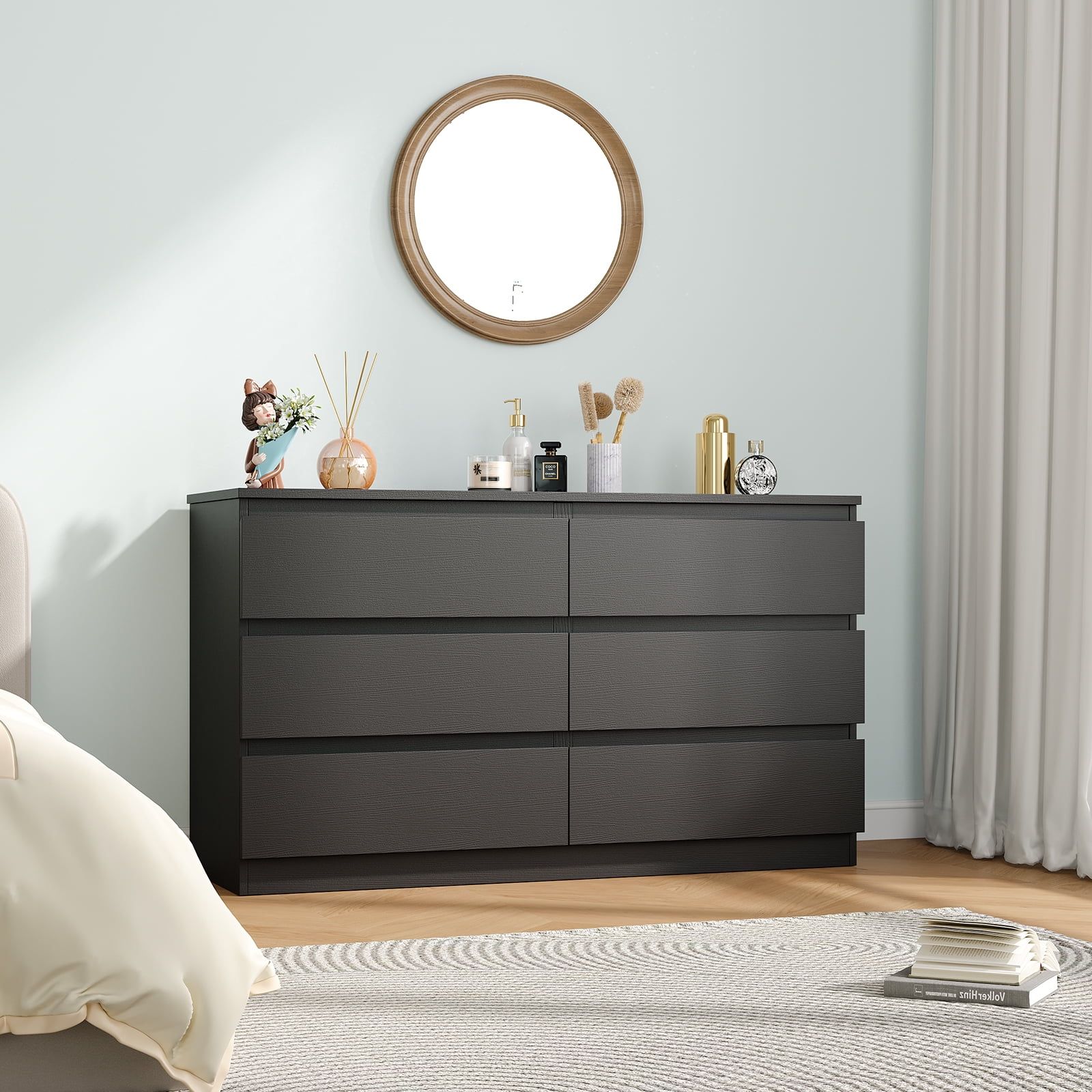 Black 6 Drawer Dresser For Bedroom, Modern Chest Of Drawers With Deep ... in