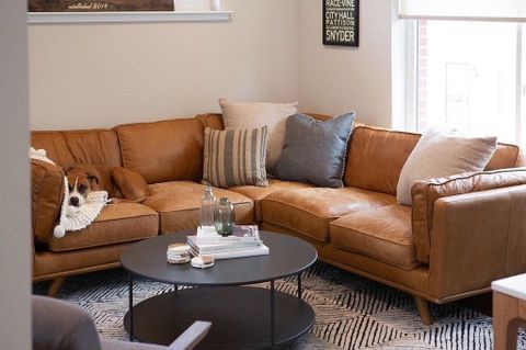 Charme Tan Timber Leather Honey Oak Corner Sectional | Article Living ... with regard to