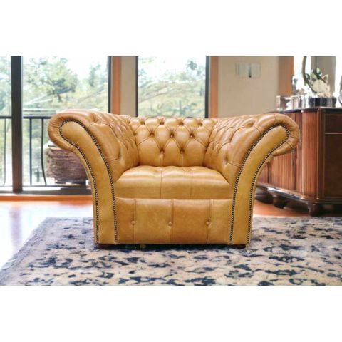 Chesterfield Balmoral Buttoned Seat Old English Saddle Leather Armchair in
