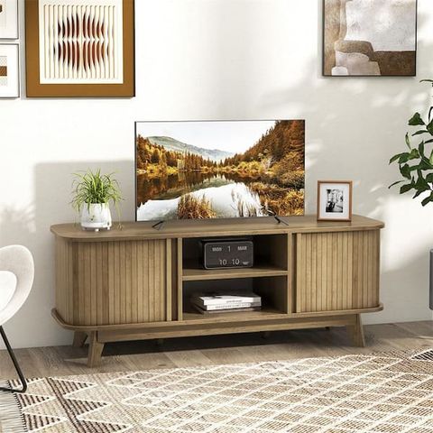 Costway Oak Tv Stand Entertainment Center Fits Tvs Up To 55 In. With ... with regard to