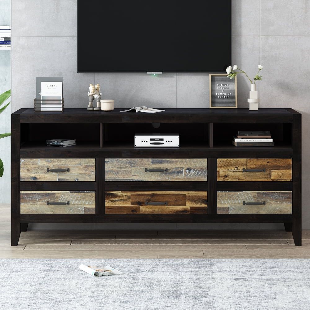 Hassch Rustic Distressed Wooden Storage Dresser For Bedroom, Black Tv ... regarding The Madra 79&quot; TV Stand Distressed Pine Unpacking Its Design