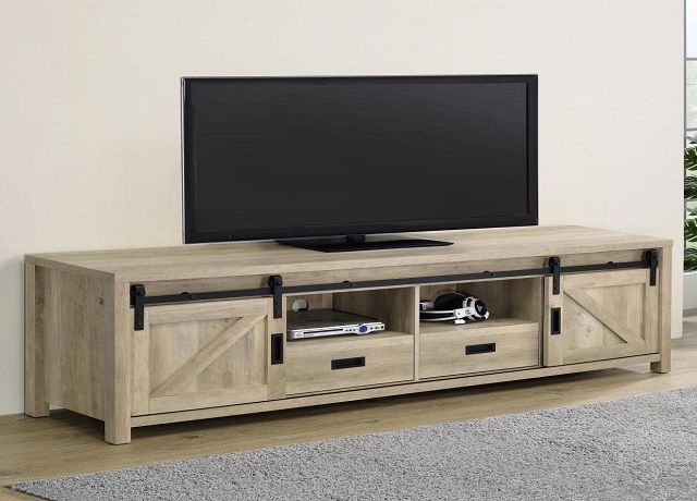 Madra Rectangular Tv Console With 2 Sliding Doors regarding The Madra 79&quot; TV Stand Distressed Pine Unpacking Its Design