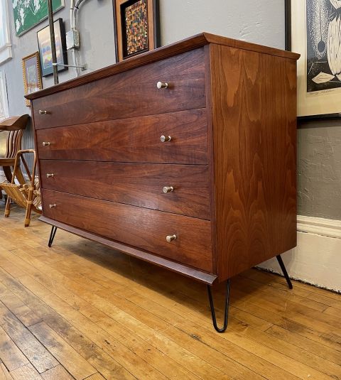 Mid Century Walnut 4 Drawer Low Dresser On Hairpin Legs | Circa throughout The Enduring Appeal of Hairpin Legs on a Modern London Dresser