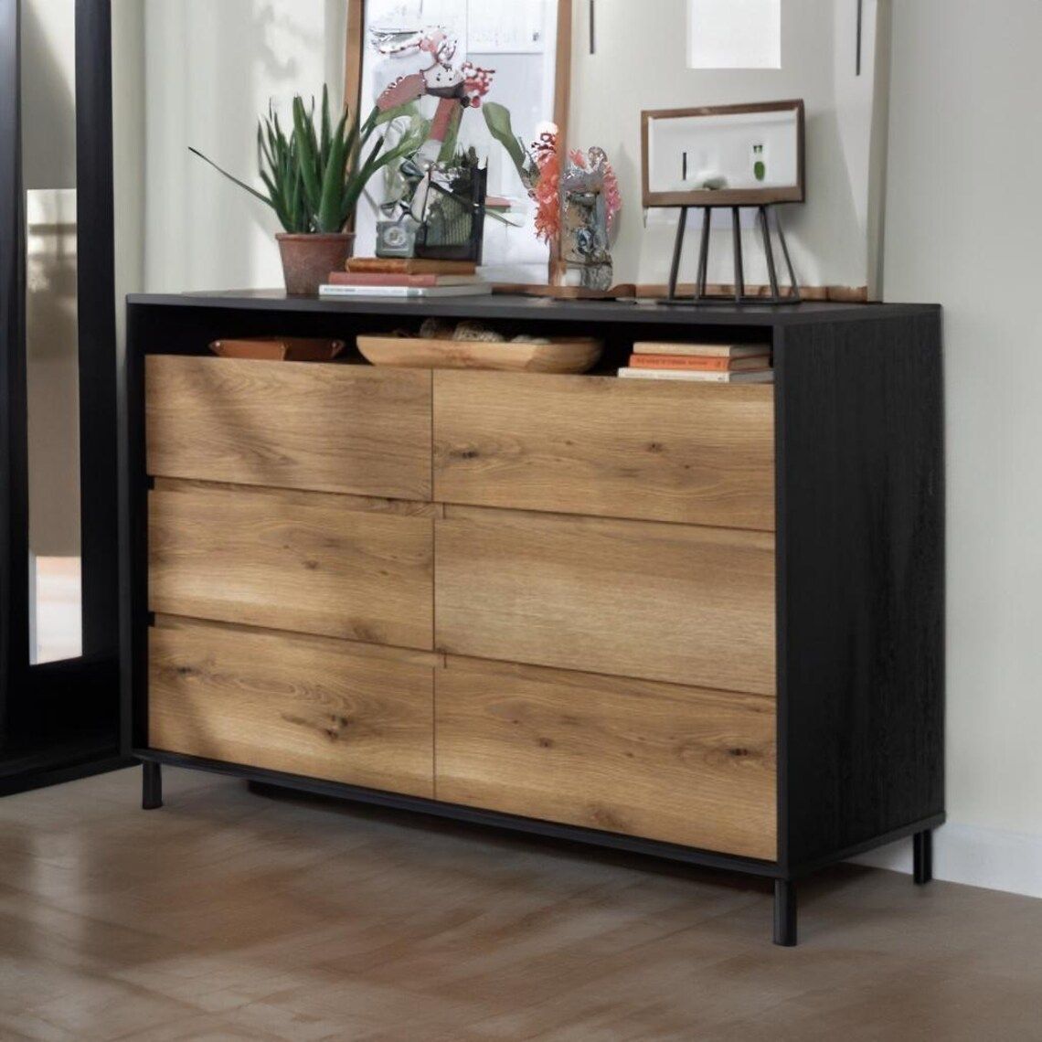 Modern Black 6-Drawer Dresser With Open Storage Cubbies, Minimalist ... with regard to Integrating the Julieta Black 6 Drawer Dresser into Your Bedroom Aesthetic
