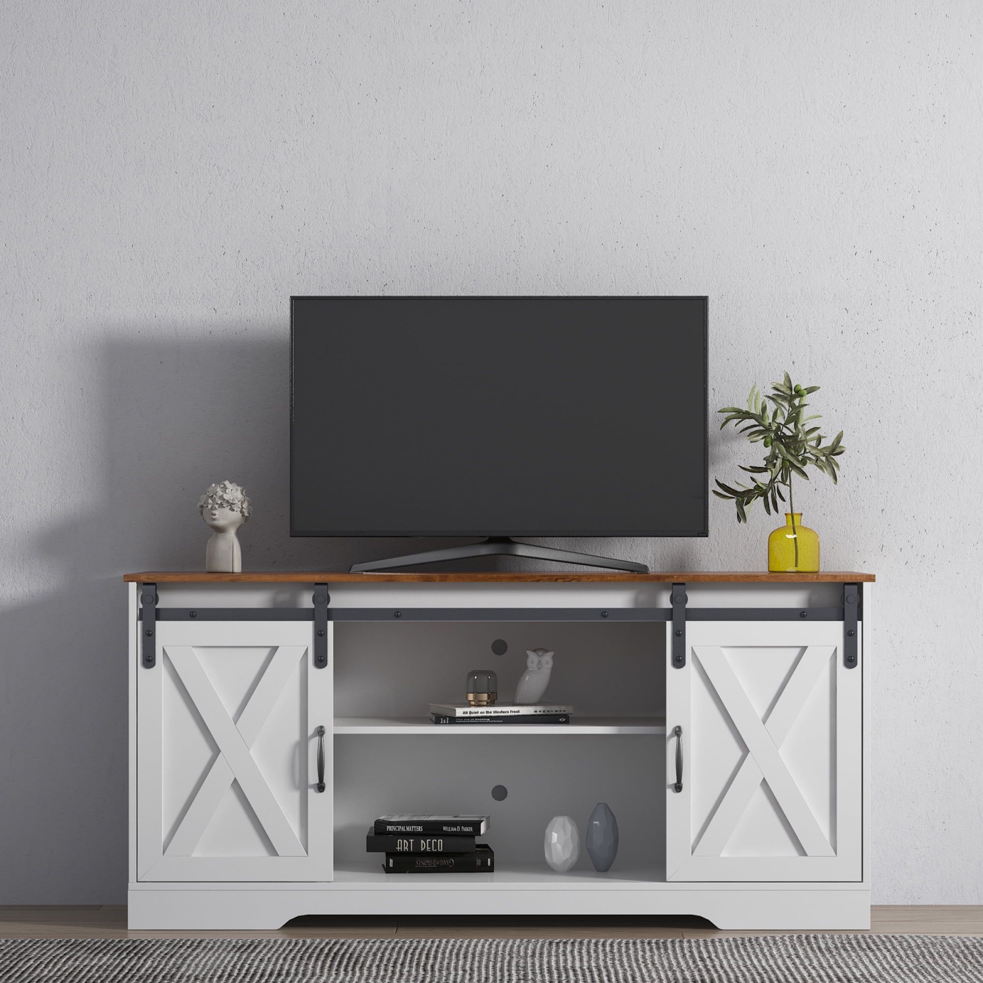Modern Farmhouse Sliding Barn Door Tv Stand, Distressed White, Up To 65 ... within The Madra 79&quot; TV Stand Distressed Pine Unpacking Its Design