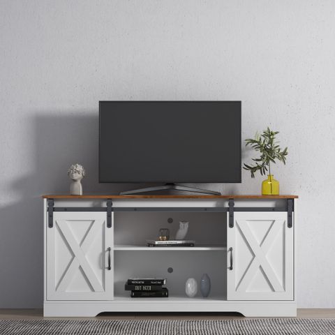 Modern Farmhouse Sliding Barn Door Tv Stand, Distressed White, Up To 65 ... within The Madra 79" TV Stand Distressed Pine Unpacking Its Design