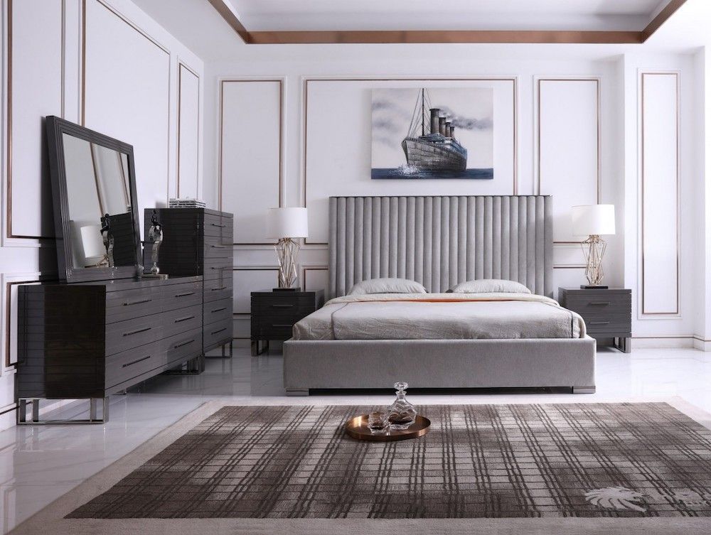 Modrest Splendor Silver &amp;Amp; Grey Linen Upholstered Bedroom Collection ... with