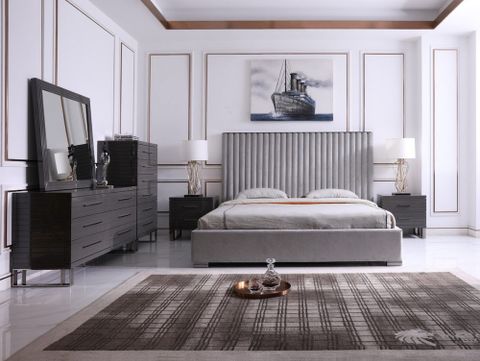Modrest Splendor Silver &Amp; Grey Linen Upholstered Bedroom Collection ... with