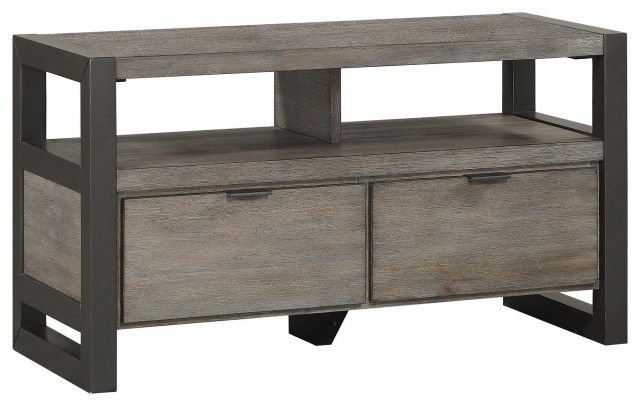 Rustic 2 Drawer Tv Stand With Metal Base And Open Compartments, Dark ... for