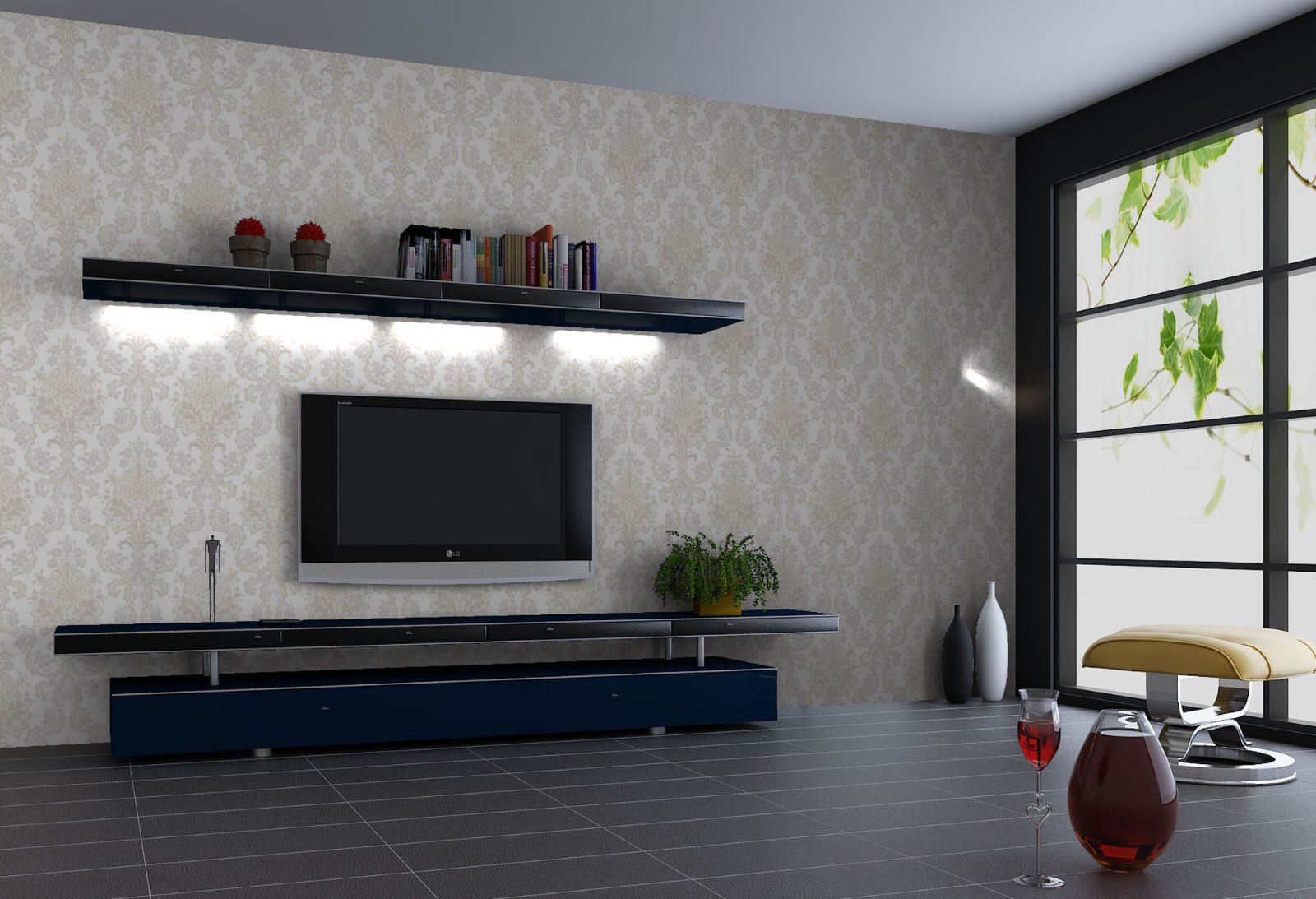 Tv Shelf And Wallpaper Back | Room Wallpaper Designs, Tv Wall Design ... inside