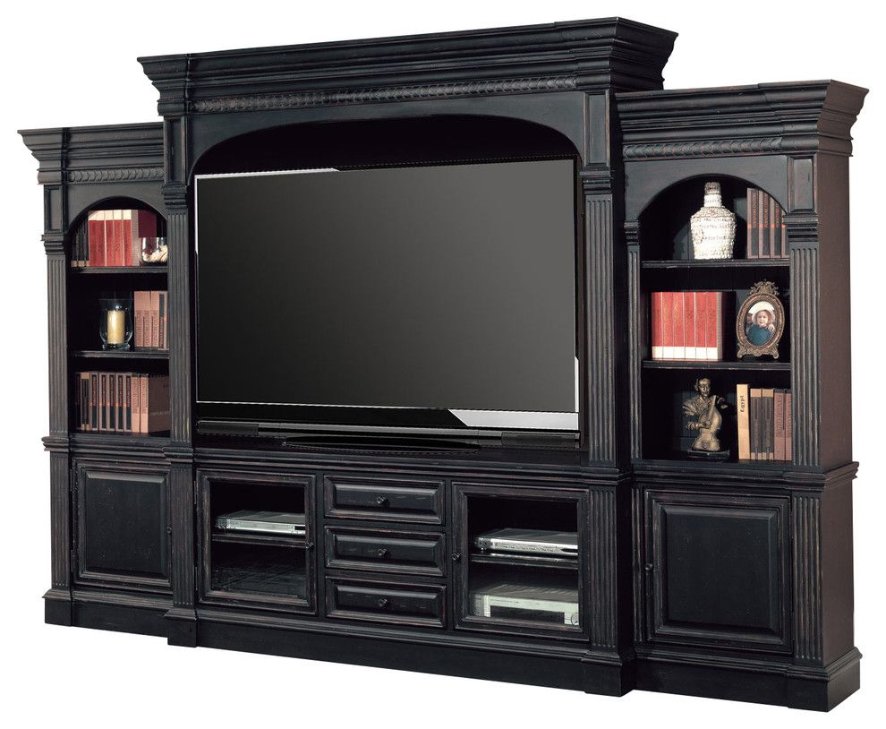 Venezia 77&quot; Entertainment Center 5-Piece Wall Unit, Black - Traditional ... inside