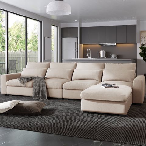 Williamspace Solid Print Linen Easy Set Up And Care Sectional Sofa ... throughout Designing Your Living Room Around a Chic 66-inch Beige Sectional Sofa