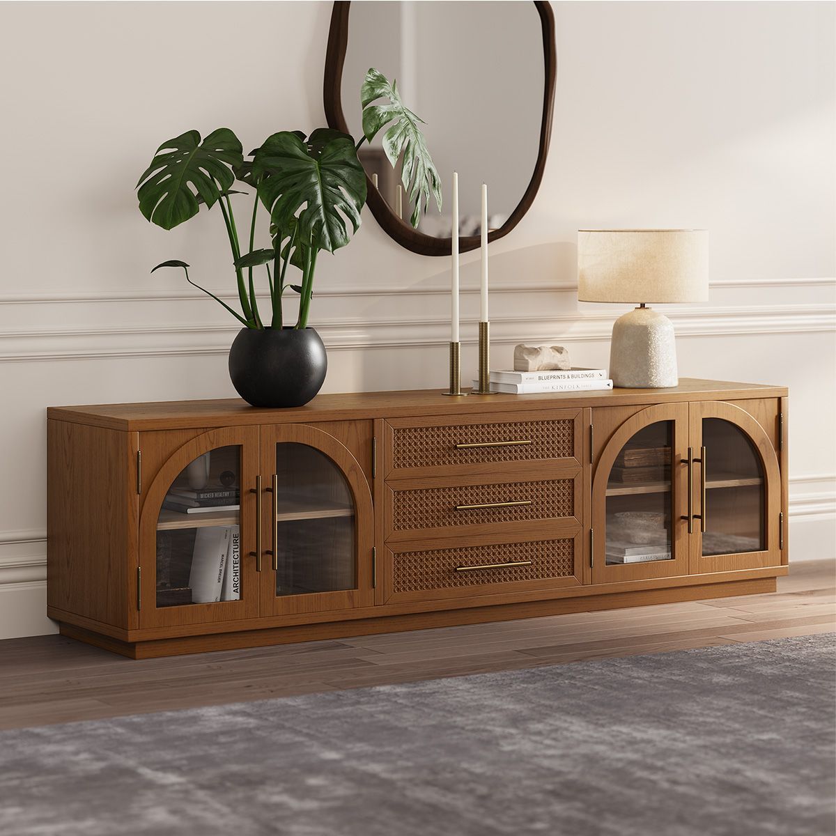 70&quot; Walnut Arched Design Glass Door Tv Stand With 3 Rattan Drawers For ... regarding