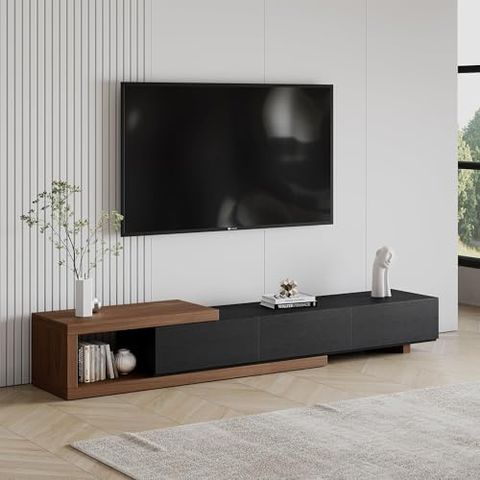 Amazon.com: Povison Extendable Tv Stand With Storage, Solid Wood Media ... pertaining to Bringing Elegance Home The 87" Gold Modern Black Wood Veneer TV Stand