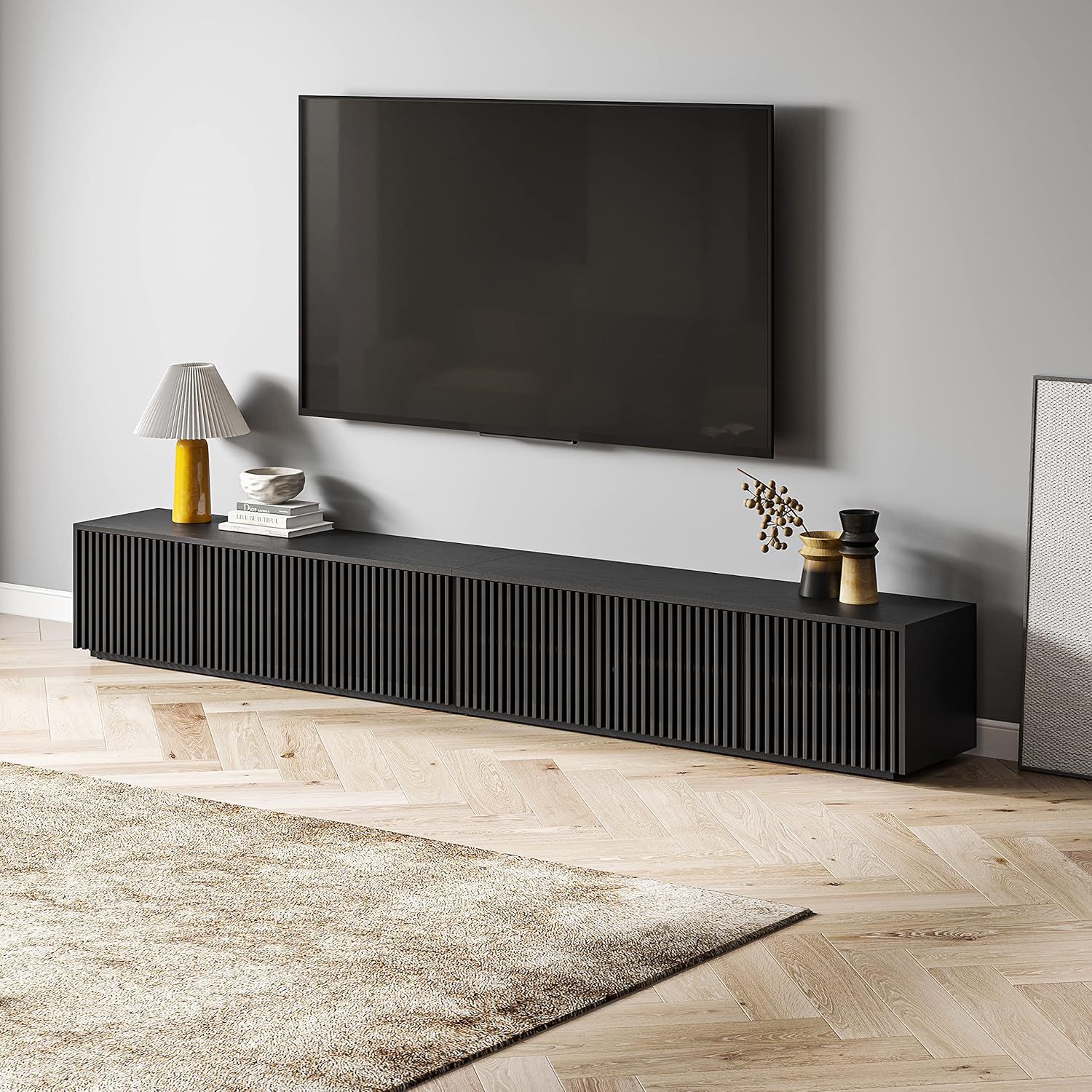 Amazon.com: Povison Wood Tv Stand, 118” Extra-Large Black Entertainment ... with regard to Bringing Elegance Home The 87&quot; Gold Modern Black Wood Veneer TV Stand
