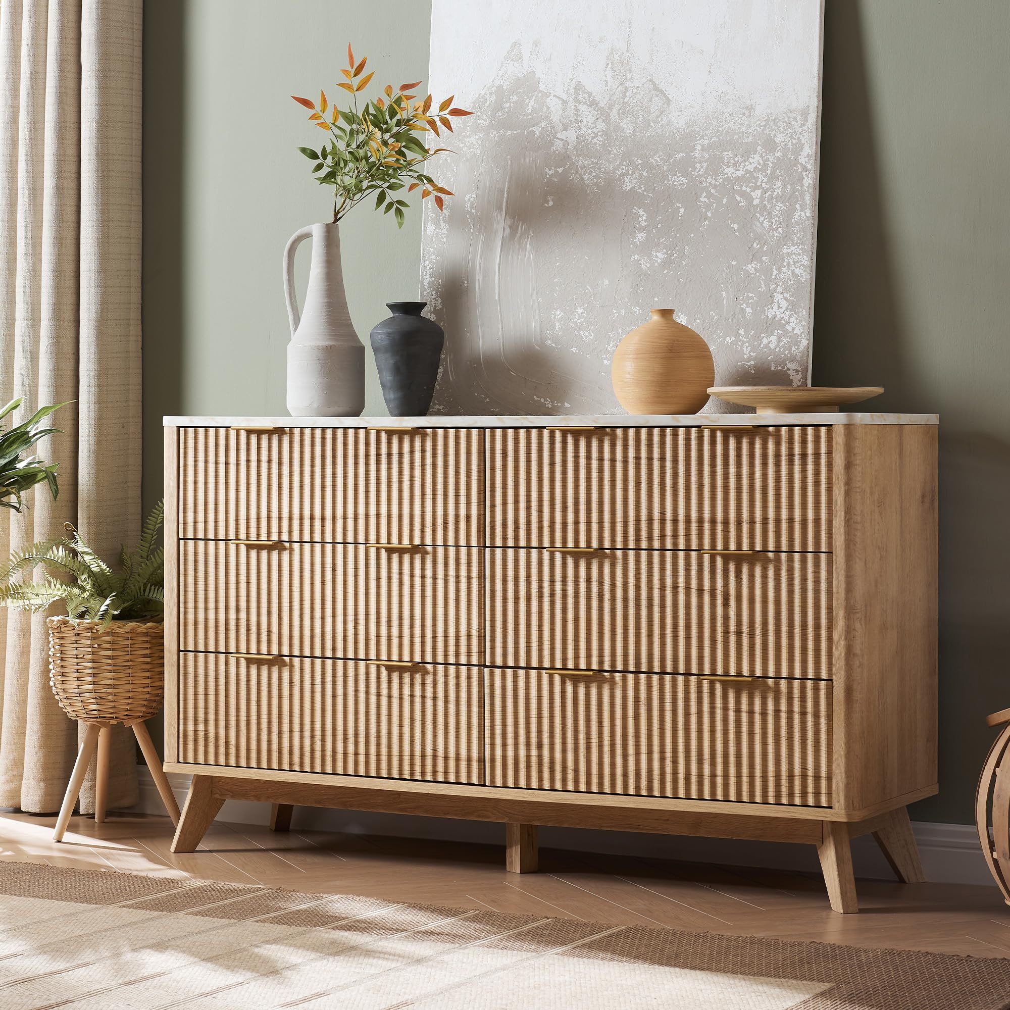 Amazon.com: T4Tream Fluted 6 Drawers Dresser, 54&quot; Wide Modern Chest Of ... throughout