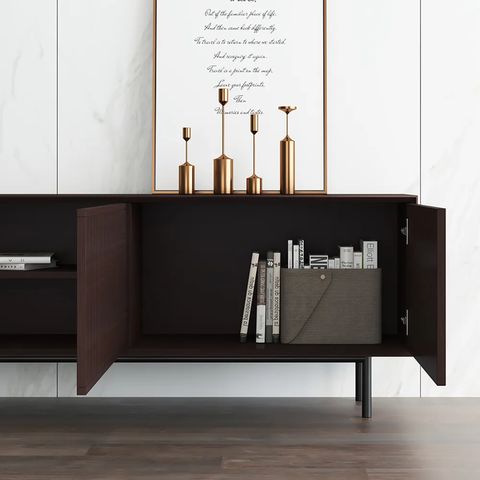 Black Oak Veneer Tv Stand With Slatted Door | Povison Living Room Setup ... intended for Bringing Elegance Home The 87" Gold Modern Black Wood Veneer TV Stand
