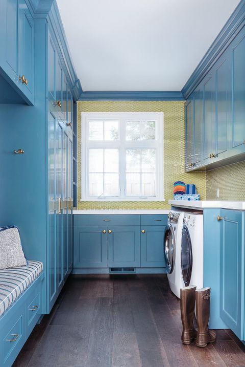 Bright Colorful Laundry Room With Blue Glossy Cabinets | Evars ... pertaining to See How Moody Blue Gave Our Laundry Room a Dramatic New Life