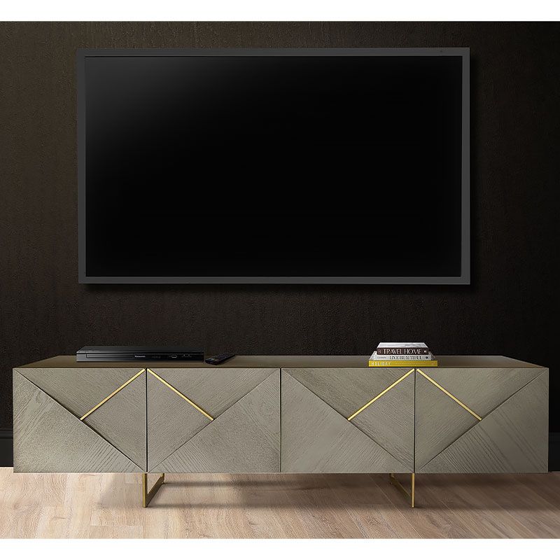 Cleo Ash Light Oak Veneer 4 Door Tv Stand Media Unit With Gold Legs ... with Bringing Elegance Home The 87&quot; Gold Modern Black Wood Veneer TV Stand