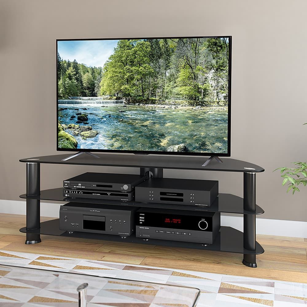 Corliving Black Glass Corner Tv Stand, For Tvs Up To 65&quot; Satin Black ... intended for