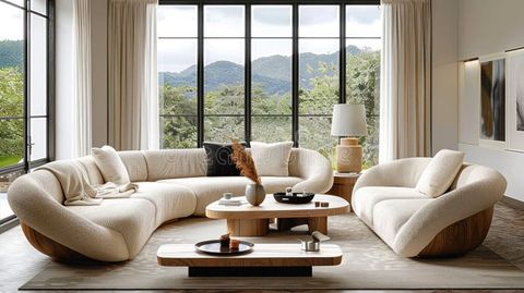 Cozy Japandi Living Room With Boucle Sofa &Amp; Large Windows In Soft ... in