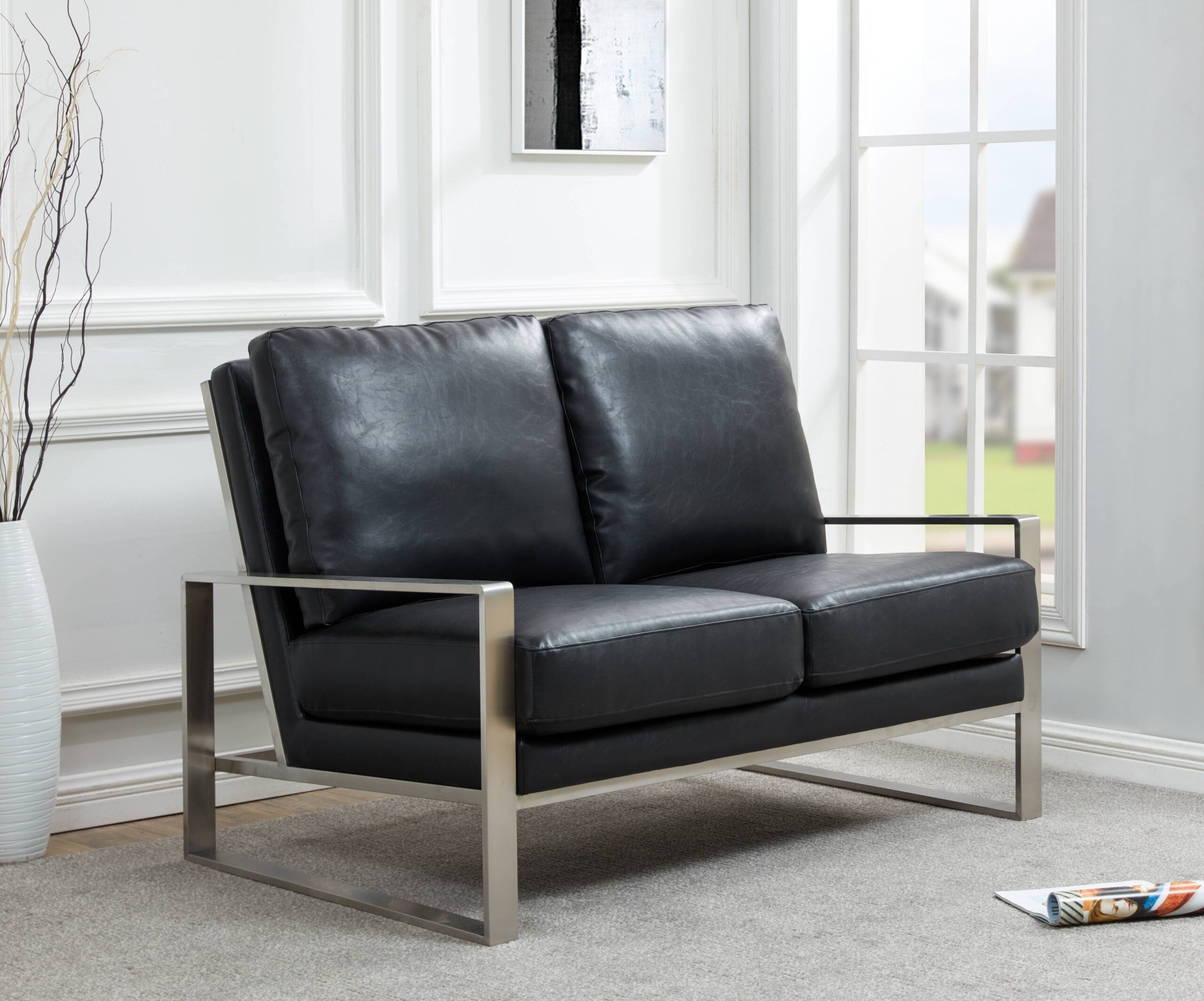 Leisuremod Jefferson Modern Leather Contemporary Loveseat With Silver ... intended for