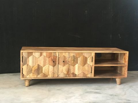 Light Mango Wood Tv Stand / Media Unit With Hexagonal Patterns throughout
