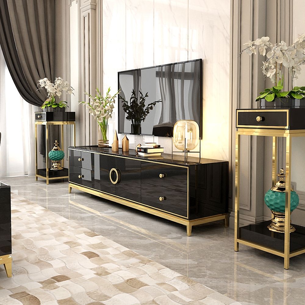 Bringing Elegance Home The 87″ Gold Modern Black Wood Veneer TV Stand
