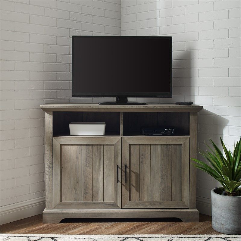 Pemberly Row 48&quot; Grooved Door Corner Tv Stand In Gray Wash | Homesquare inside Maximizing Corner Space The Pemberly Row 48&quot; TV Stand Advantage