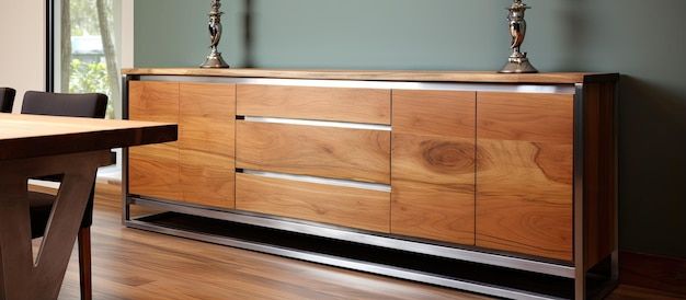 Premium Ai Image | Modern Teak Dining Buffet With Stylish Stainless ... for The Art of Styling with Brushed Stainless Steel Accents in Furniture