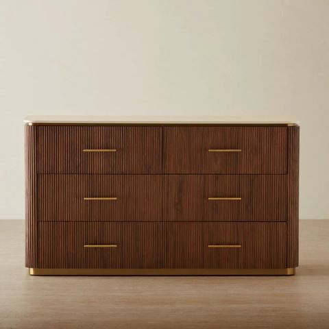 San Pierre Walnut Veneer Dresser - Travertine Finish Sintered Stone Top for The Art of Incorporating Modern Travertine and Gold Dressers into Your Decor