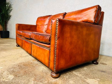 Stunning English Mid C Chestnut Brown Leather Studded Three Seater Sofa ... inside