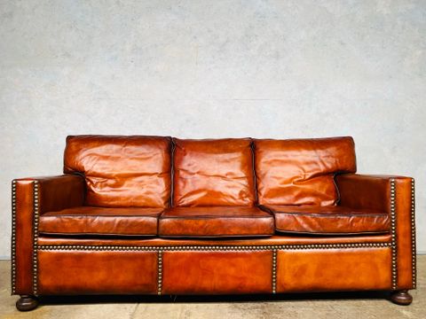 Stunning English Mid C Chestnut Brown Leather Studded Three Seater Sofa ... regarding Weaving Comfort and Style A Chestnut Brown Leather Sofa for Artisans