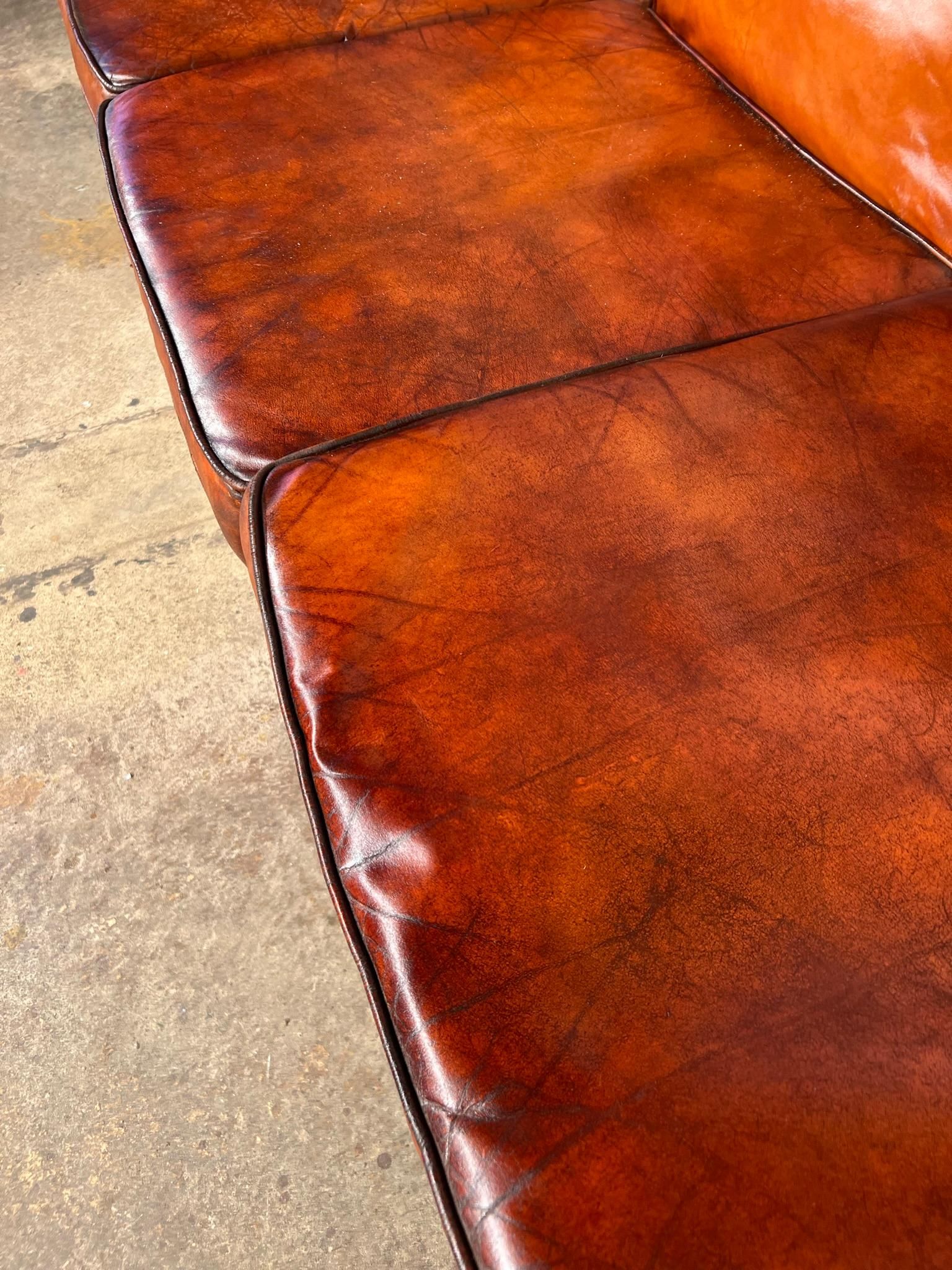 Stunning English Mid C Chestnut Brown Leather Studded Three Seater Sofa ... throughout