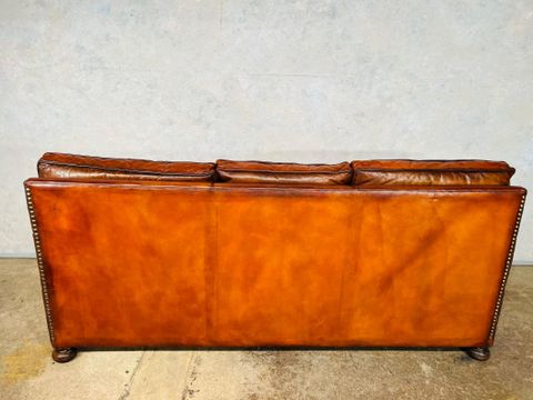 Stunning English Mid C Chestnut Brown Leather Studded Three Seater Sofa ... within