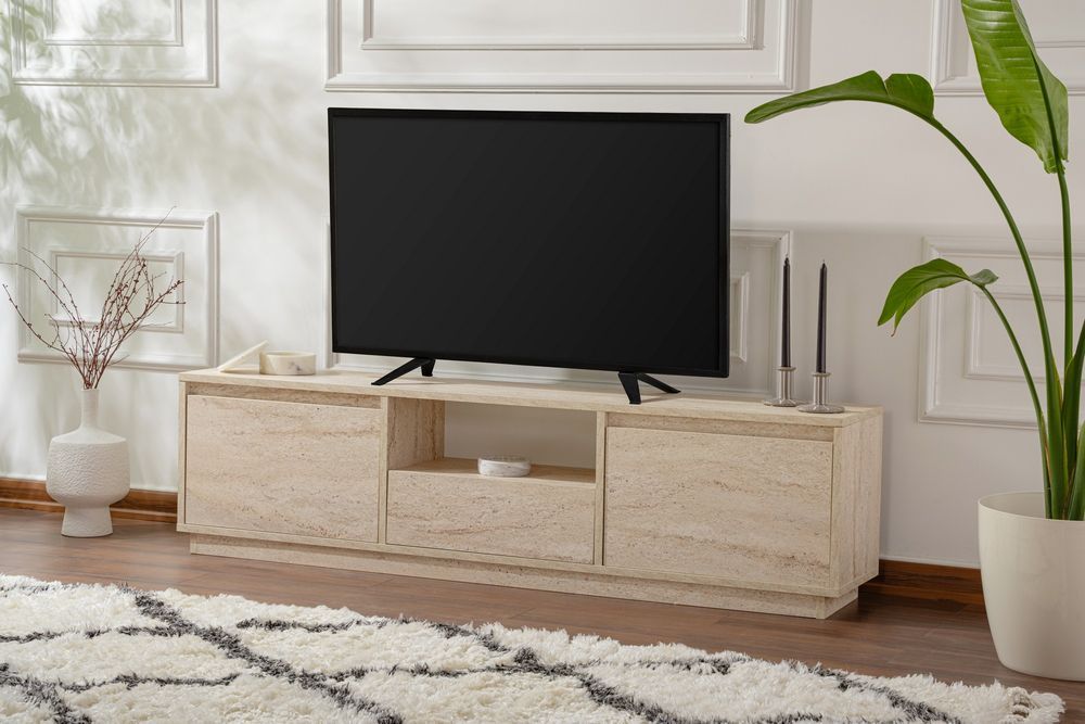 Vanguard - Travertine Travertine Tv Stand — Bazzar.rs with regard to Transform Your Living Room The Overture 63&quot; Faux Travertine TV Stand