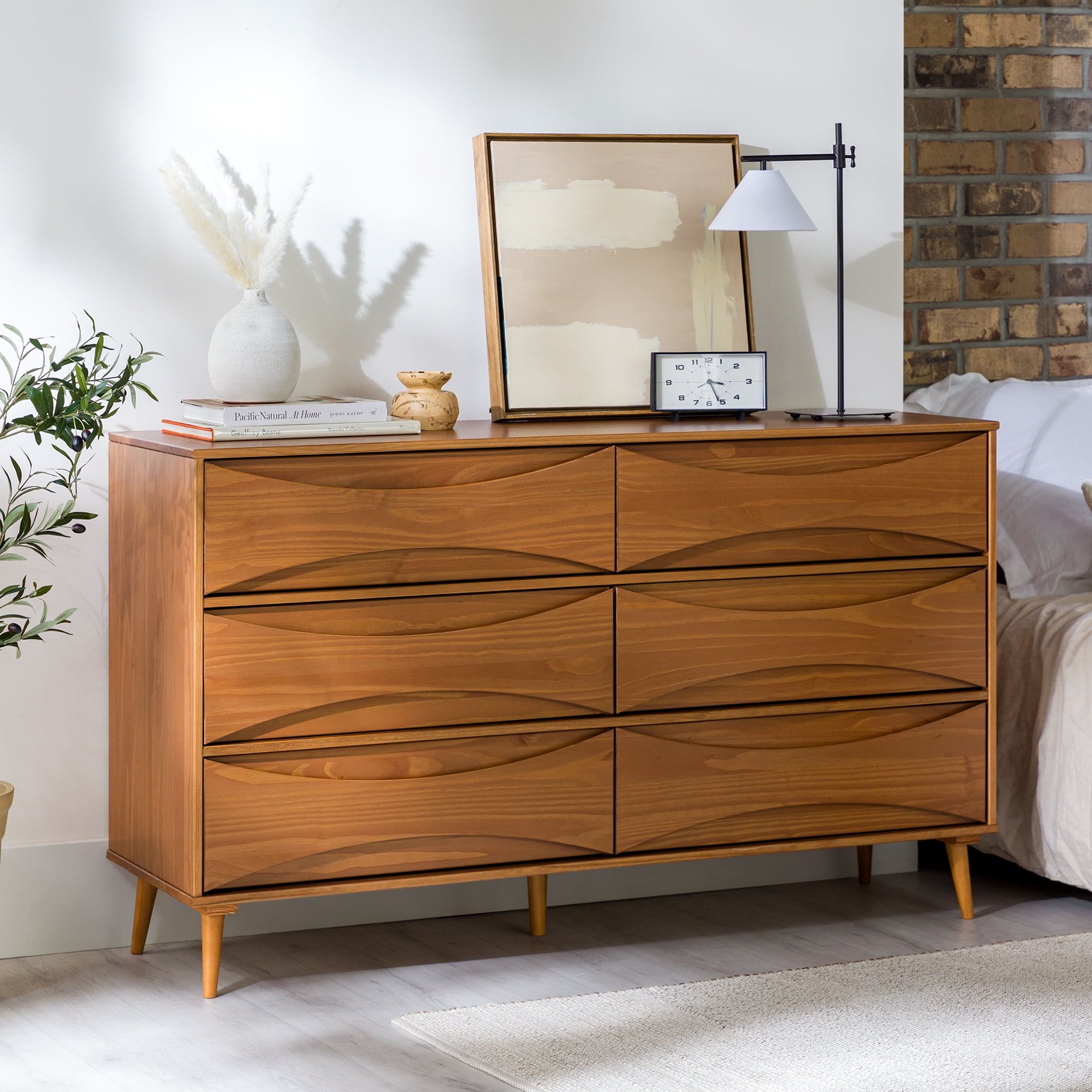 Walker Edison 58” Mid-Century Modern Curved Front 6-Drawer Dresser ... pertaining to