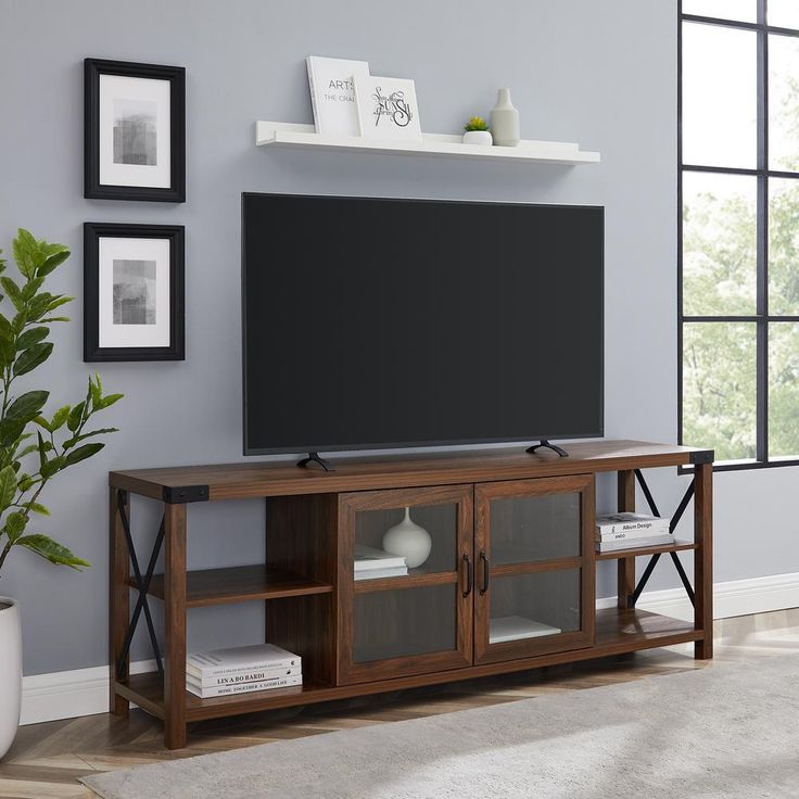 Welwick Designs 70 In. Dark Walnut Wood And Glass Door Farmhouse Metal ... pertaining to Tips for Integrating a Dark Walnut Transitional TV Stand into Your Decor