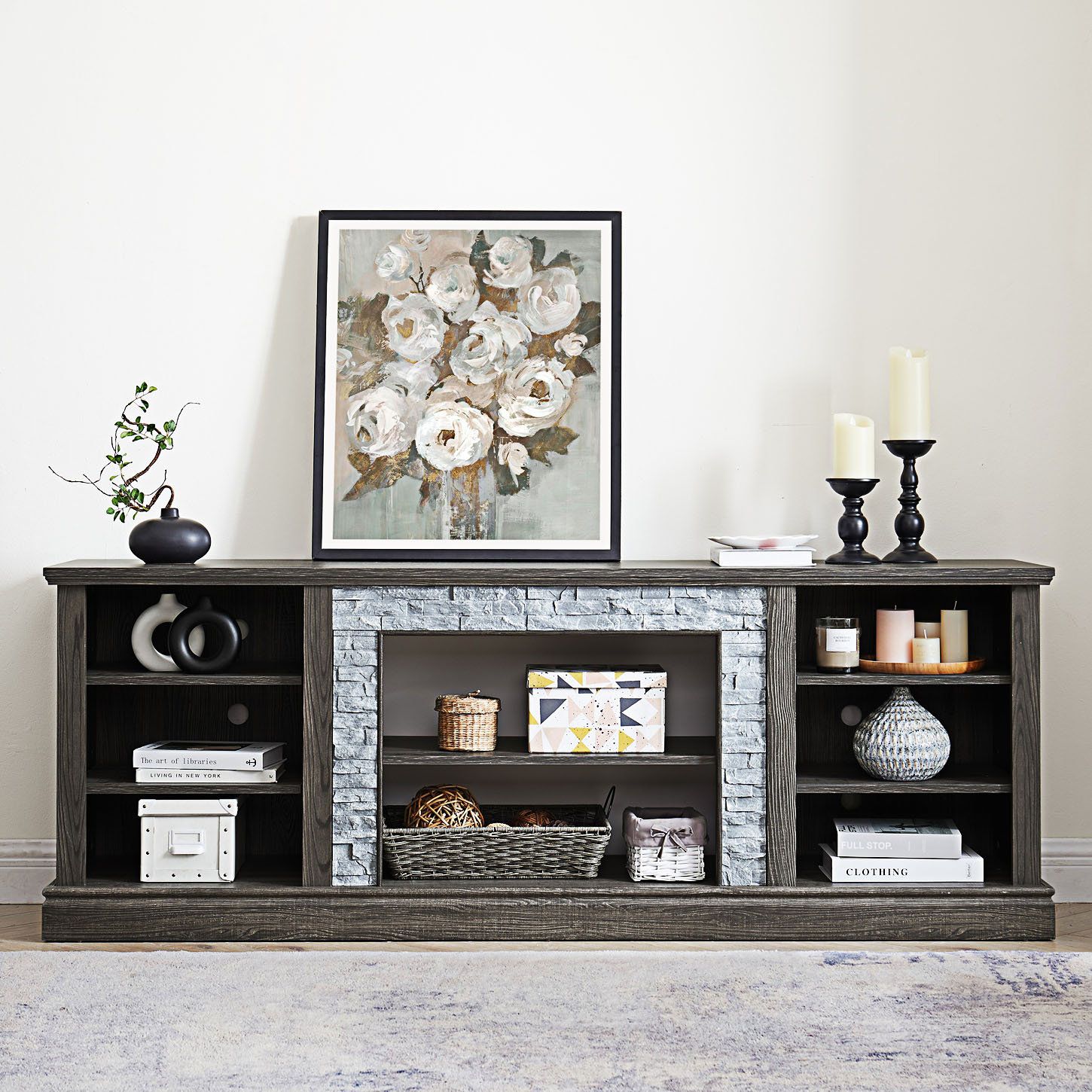 17 Stories Large Faux Stacked Stone Tv Stnad, Media Console Table ... with regard to Jaymes Console Table/Media Stand - Silver