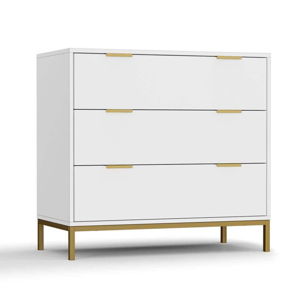 3-Drawer White Chest Of Drawers With Gold Metal Legs Mid Century Modern ... intended for Maximizing Storage with a Classic White Dresser