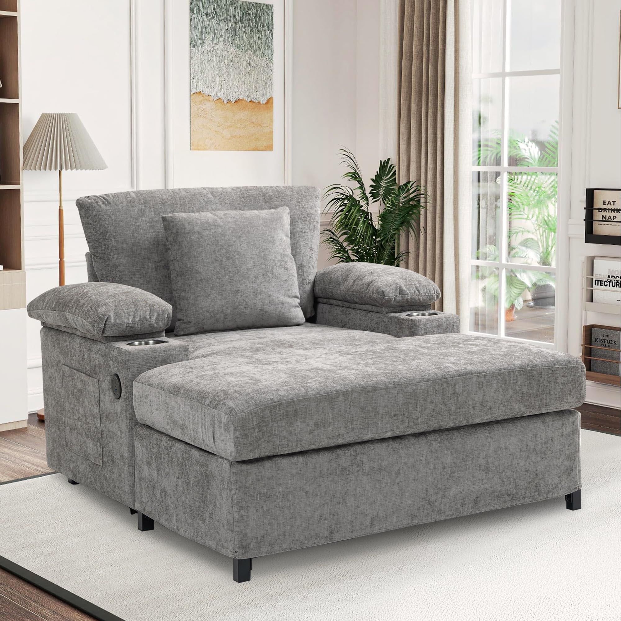 56.75&quot; D Firscook Oversized Chenille Lounge Chair With Ottoman, Usb ... inside Lexicon Driggs 70&quot; Chenille Elegant Lounger With Tufted In Silver Gray