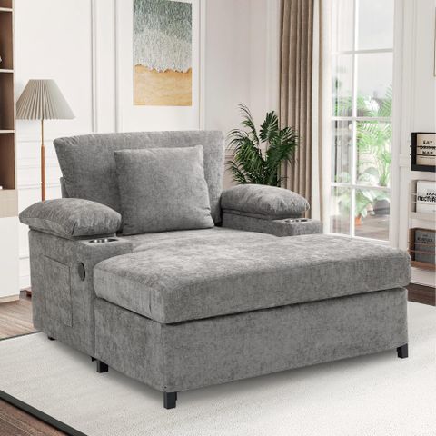 56.75" D Firscook Oversized Chenille Lounge Chair With Ottoman, Usb ... inside Lexicon Driggs 70" Chenille Elegant Lounger With Tufted In Silver Gray