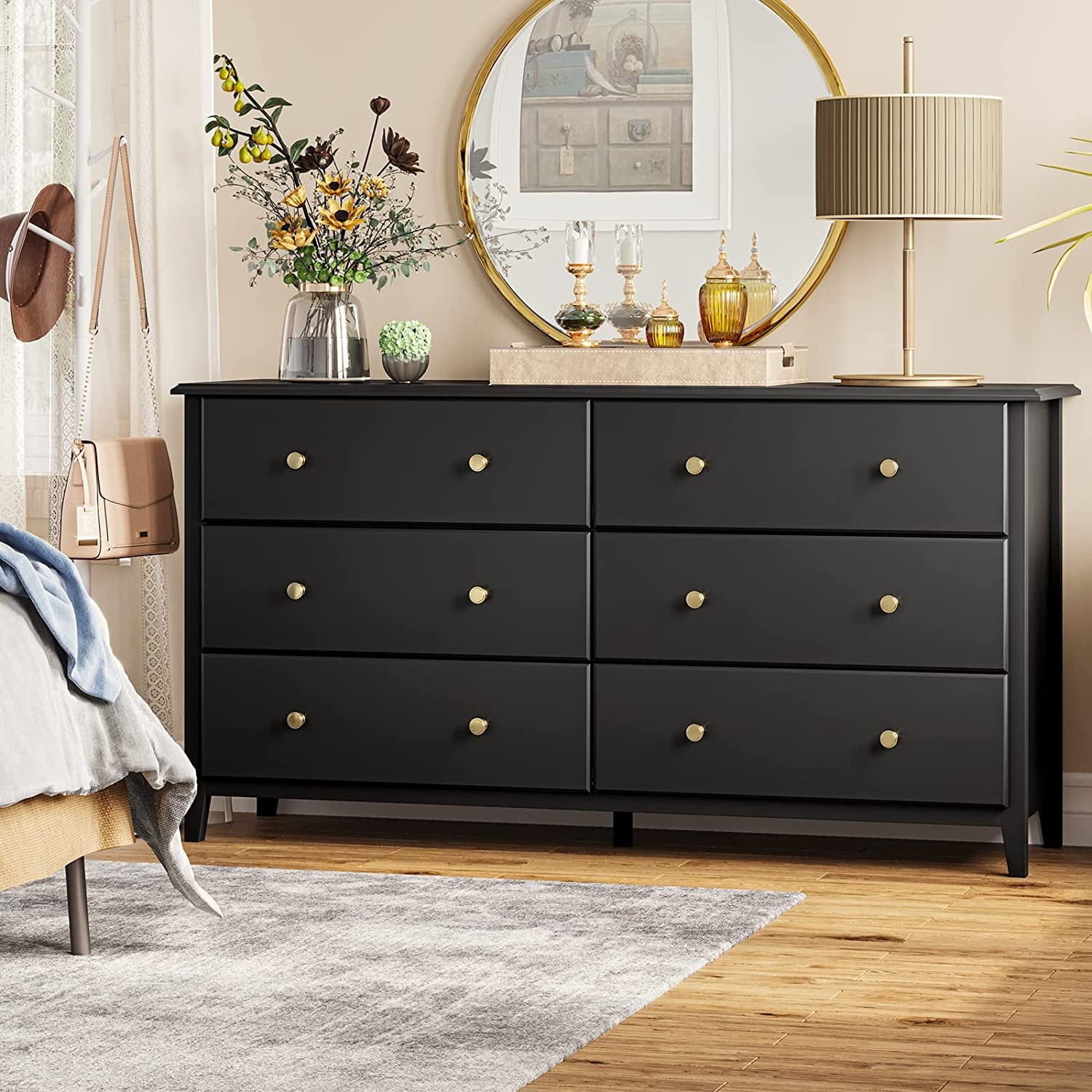 6 Drawer Double Dresser Black Chest Of Drawers Storage Tower For ... in Luxor 6 Drawer Double Dresser, Black