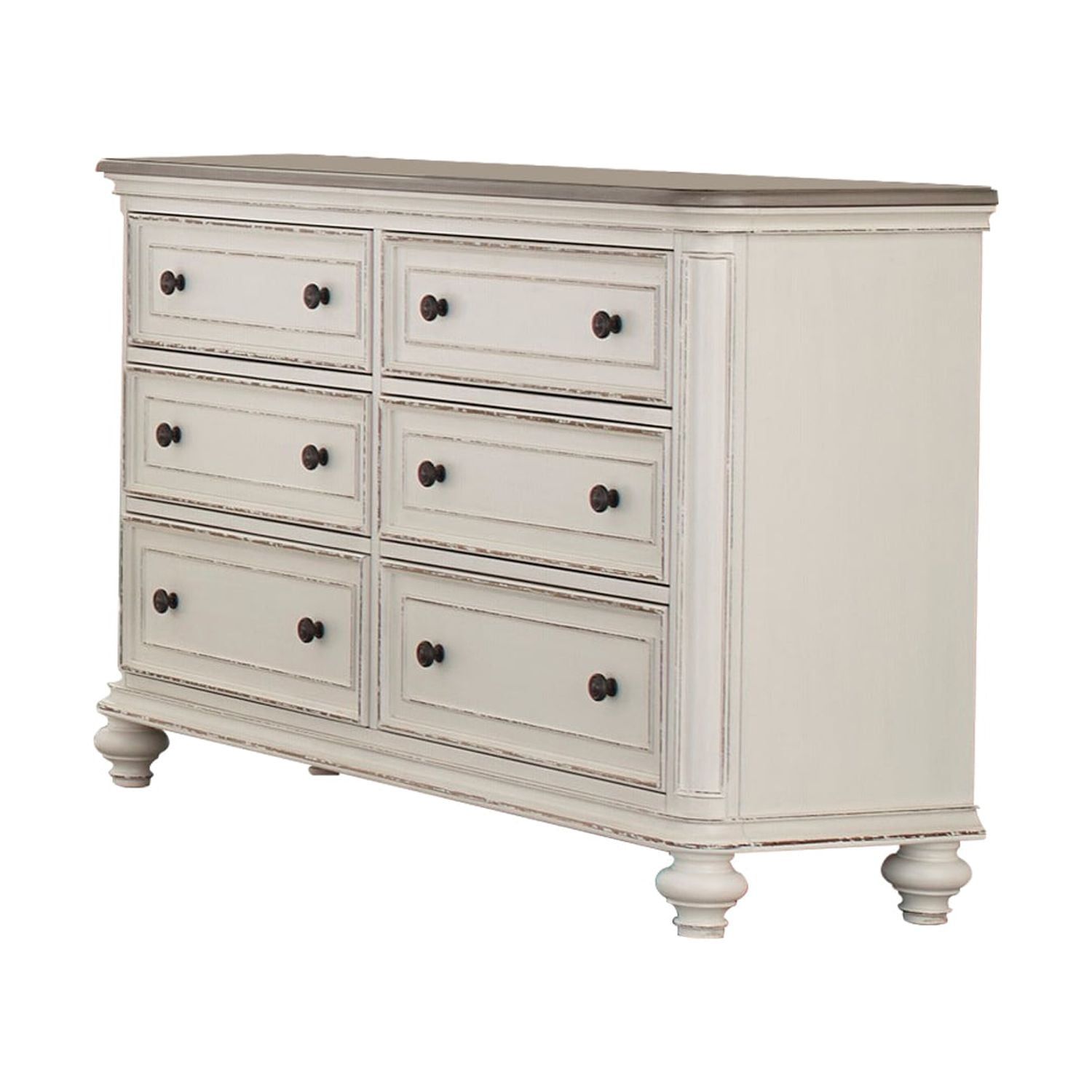 6 Drawer Wooden Dresser With Distressed Detail Antique White And Brown ... regarding Alpine Furniture Eaton Six Drawer Wood Dressser In Sand (Beige)