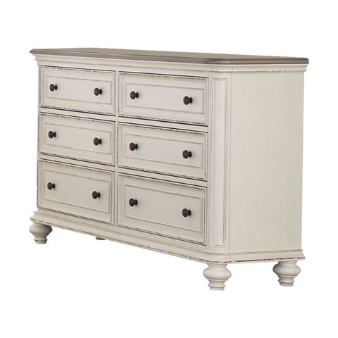 6 Drawer Wooden Dresser With Distressed Detail Antique White And Brown ... regarding Alpine Furniture Eaton Six Drawer Wood Dressser In Sand (Beige)