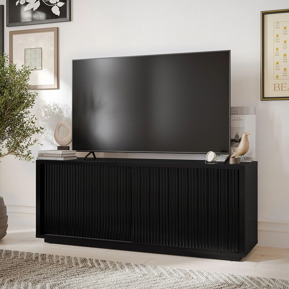 60In Black Sliding Door Fluted Tv Console | Whalen Furniture with regard to Transitional Black Tv Stand, Open Shelves &amp; Side Cabinets With Doors